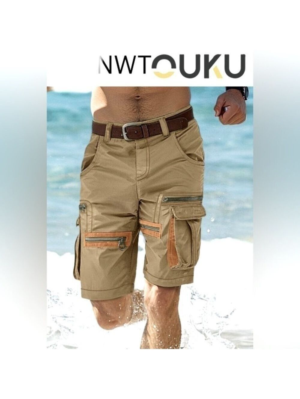 NWT OUKU Y2K Style Cargo Utility Shorts Men’s Size Large in Khaki 10” inseam